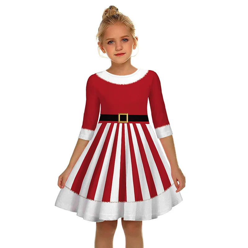 Girls Kids Christmas Dress Teen Half Sleeve 3D Print Xmas Swing Dress Girls Clothes Vestidos Children New Year Outfit 8-12 Years Red