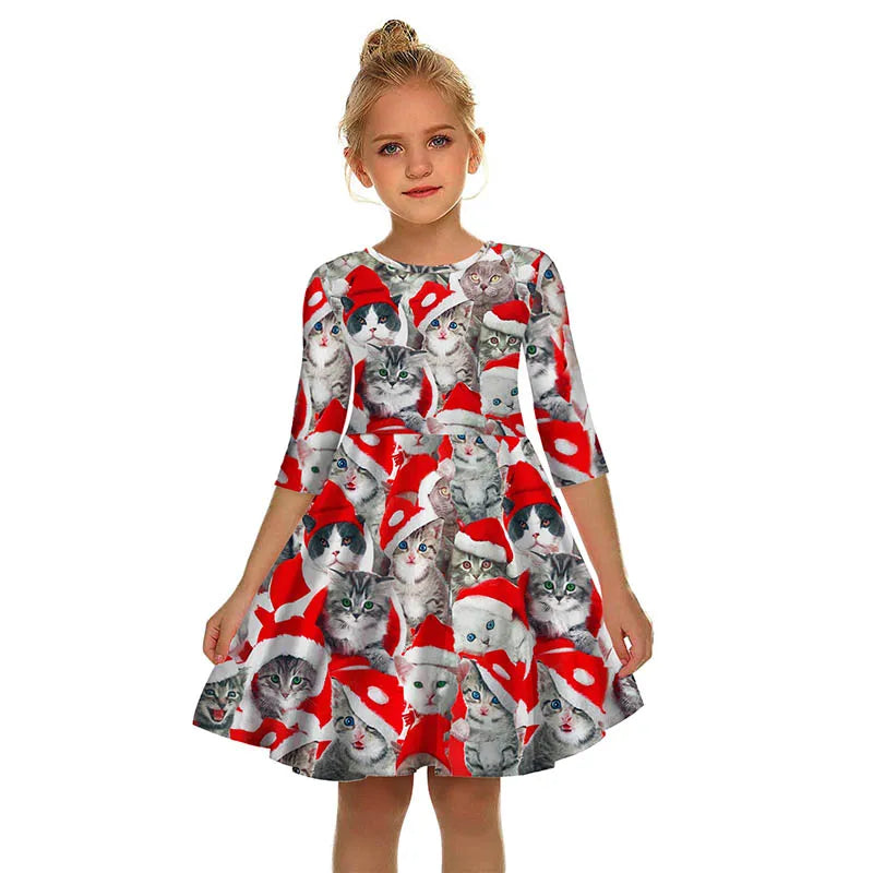 Girls Kids Christmas Dress Teen Half Sleeve 3D Print Xmas Swing Dress Girls Clothes Vestidos Children New Year Outfit 8-12 Years