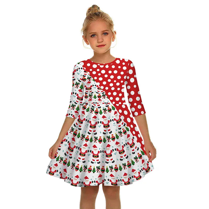Girls Kids Christmas Dress Teen Half Sleeve 3D Print Xmas Swing Dress Girls Clothes Vestidos Children New Year Outfit 8-12 Years White