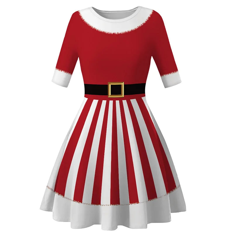 Girls Kids Christmas Dress Teen Half Sleeve 3D Print Xmas Swing Dress Girls Clothes Vestidos Children New Year Outfit 8-12 Years