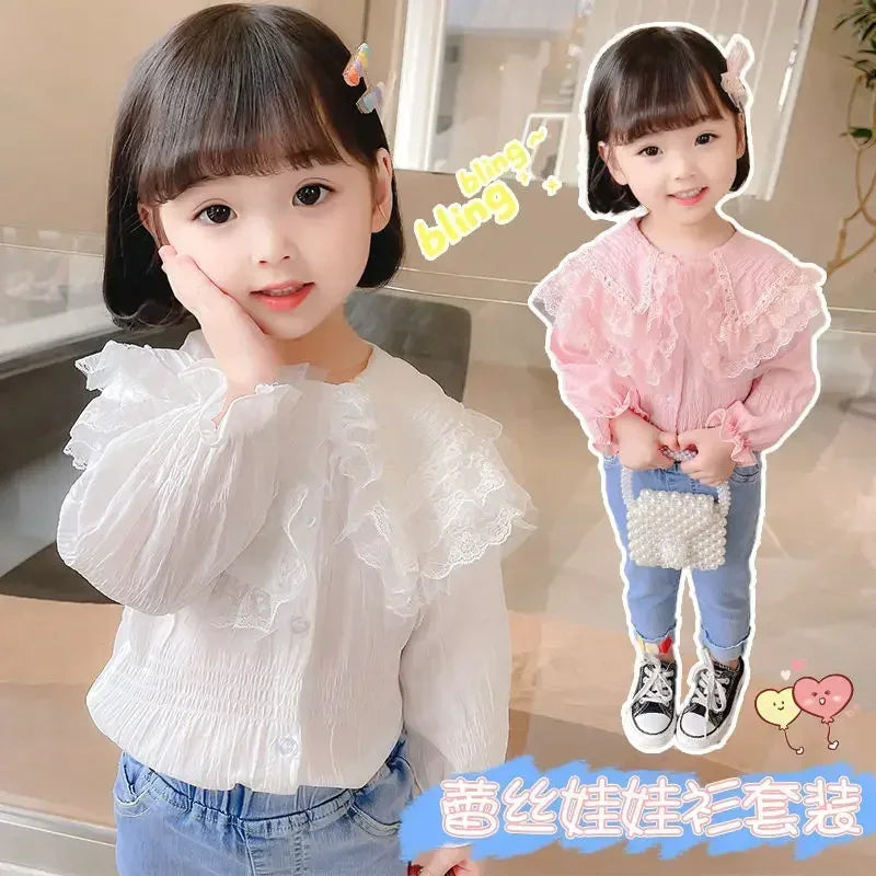 Girls Spring Autumn Clothes Suit Children's Girl Baby Fashion Lace Shirt + Jeans Denim Pants Clothing Set