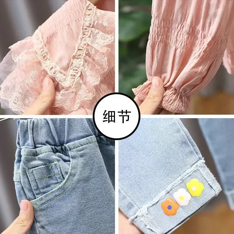 Girls Spring Autumn Clothes Suit Children's Girl Baby Fashion Lace Shirt + Jeans Denim Pants Clothing Set