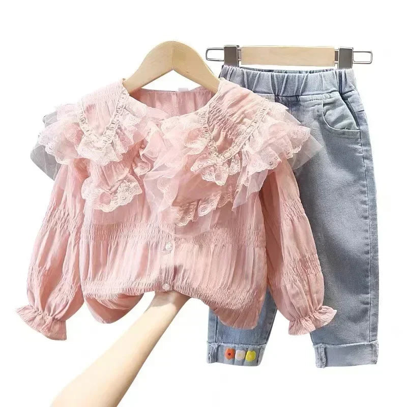 Girls Spring Autumn Clothes Suit Children's Girl Baby Fashion Lace Shirt + Jeans Denim Pants Clothing Set