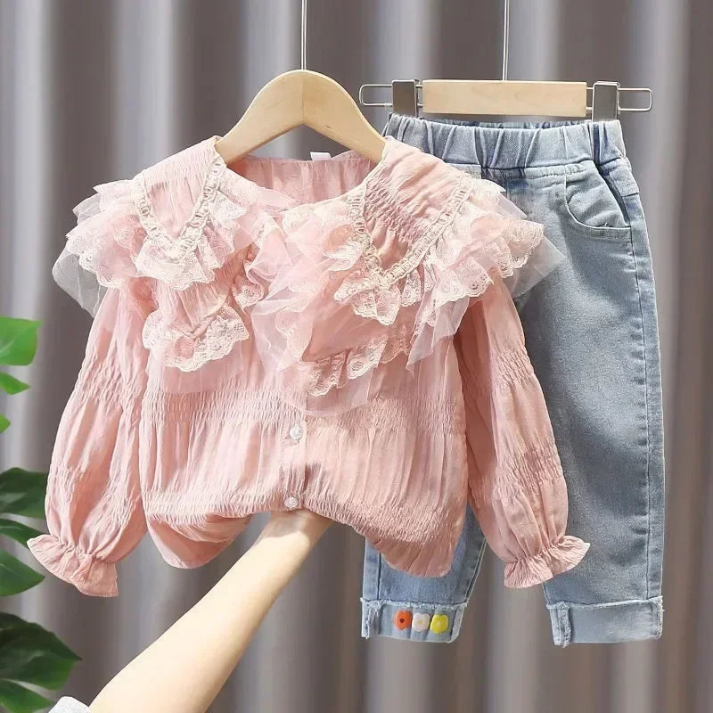 Girls Spring Autumn Clothes Suit Children's Girl Baby  Fashion Lace Shirt + Jeans Denim Pants  Clothing Set AMAIO