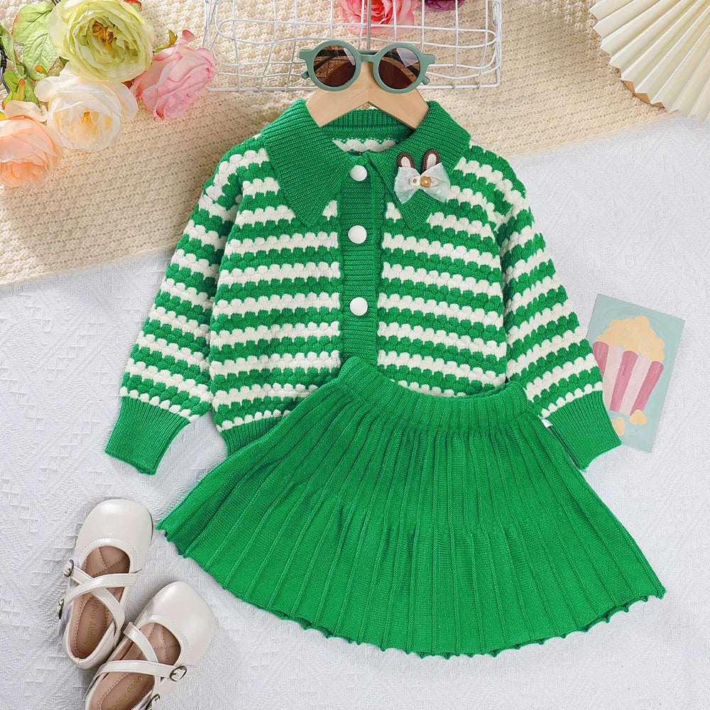 Girls Sweater Set Autumn Long Sleeve Knit Set New Girls V-Neck Little Bear Printed Knit Top+Pleated Skirt Two Piece Set AM2597D