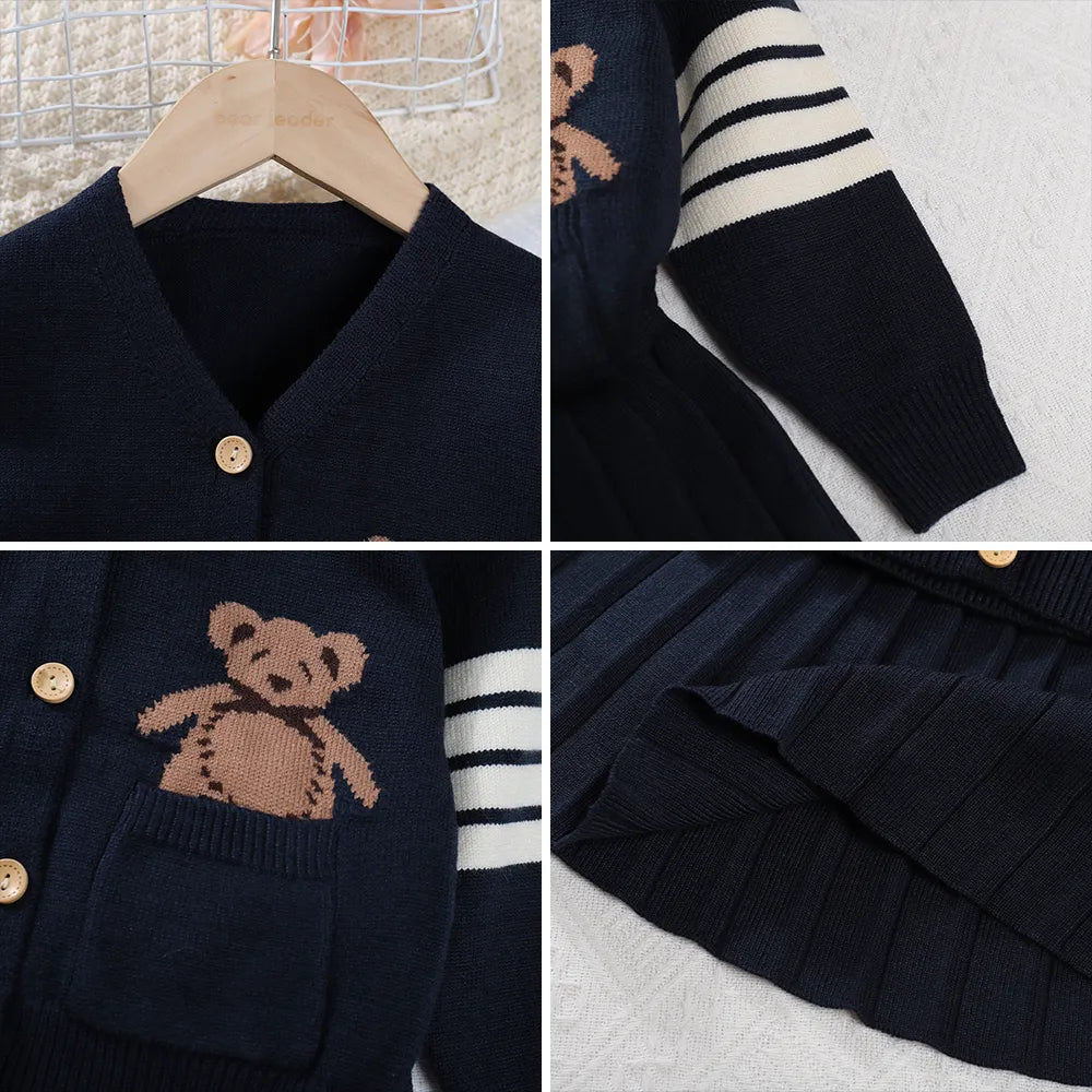 Girls Sweater Set Autumn Long Sleeve Knit Set New Girls V-Neck Little Bear Printed Knit Top+Pleated Skirt Two Piece Set