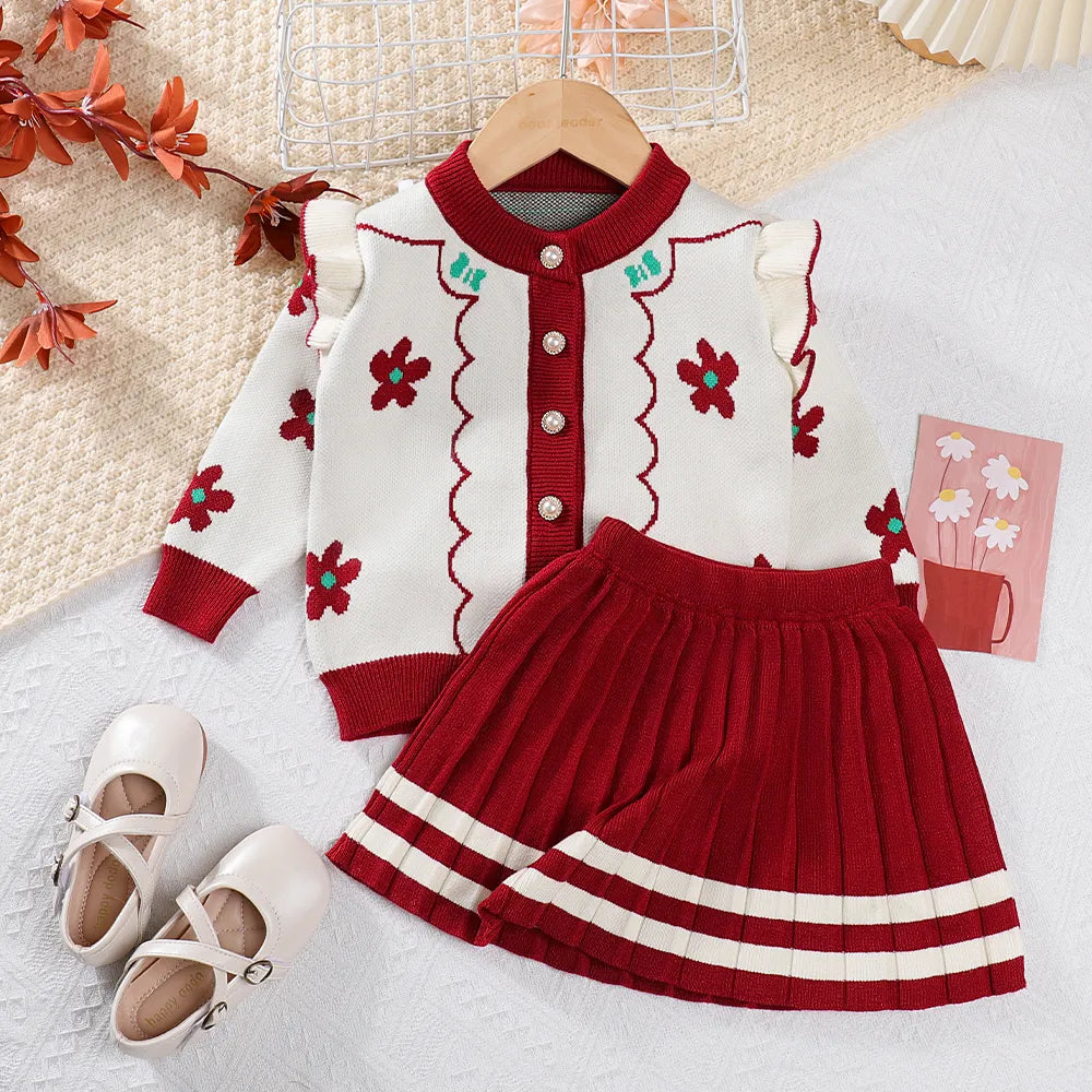 Girls Sweater Set Autumn Long Sleeve Knit Set New Girls V-Neck Little Bear Printed Knit Top+Pleated Skirt Two Piece Set AM2590H