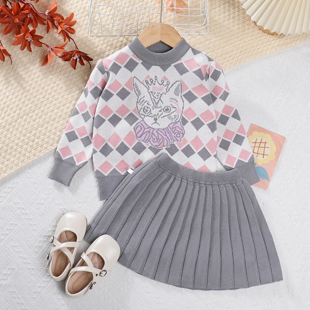 Girls Sweater Set Autumn Long Sleeve Knit Set New Girls V-Neck Little Bear Printed Knit Top+Pleated Skirt Two Piece Set AM2587M