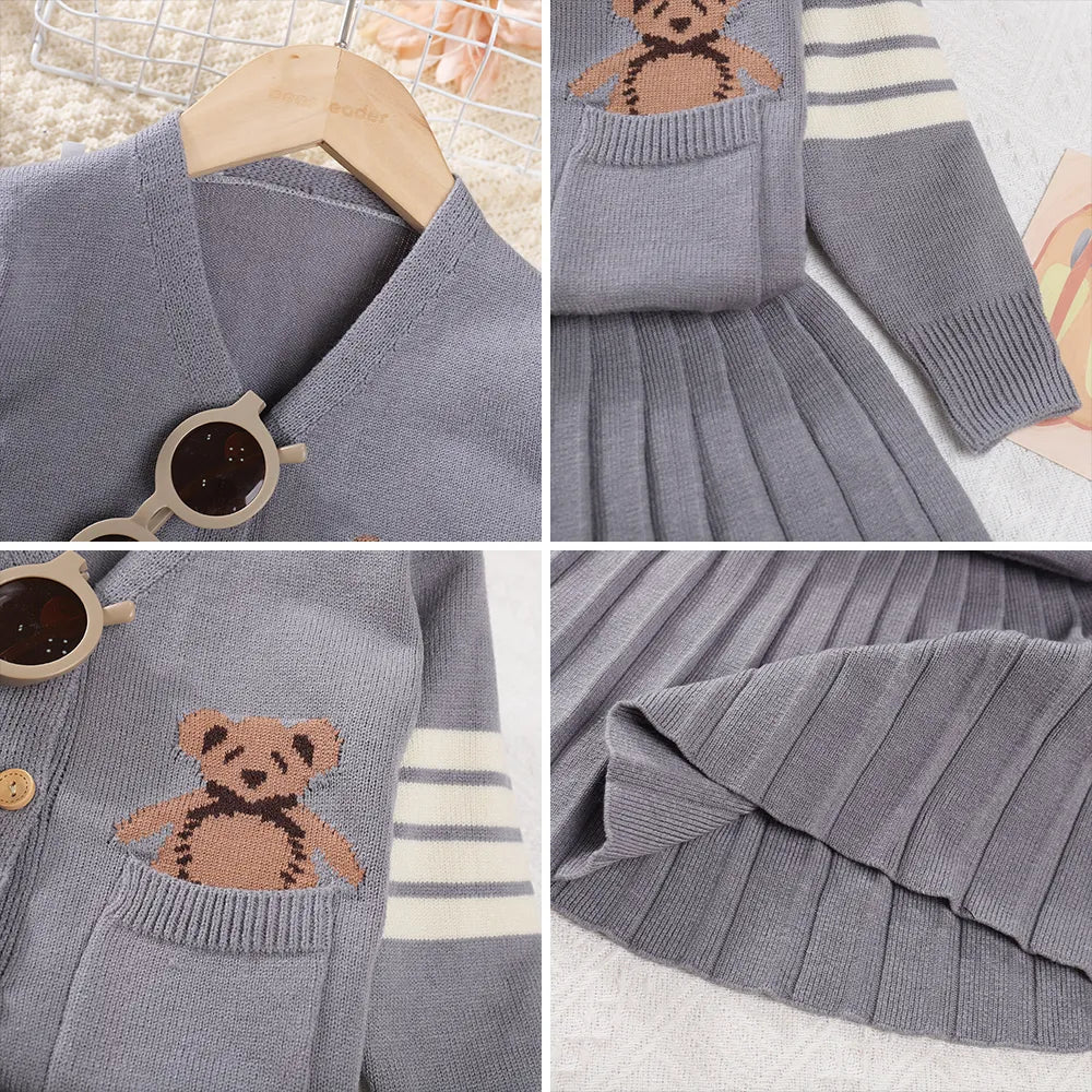 Girls Sweater Set Autumn Long Sleeve Knit Set New Girls V-Neck Little Bear Printed Knit Top+Pleated Skirt Two Piece Set