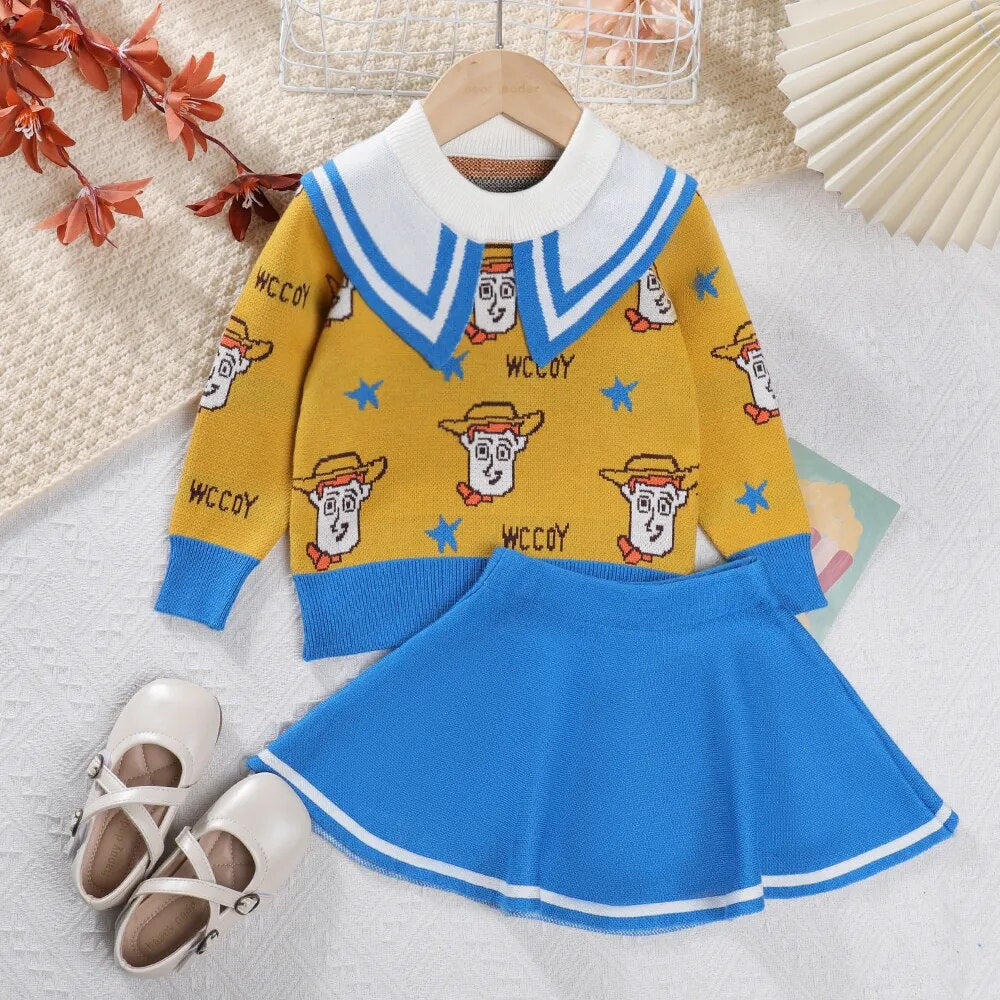 Girls Sweater Set Autumn Long Sleeve Knit Set New Girls V-Neck Little Bear Printed Knit Top+Pleated Skirt Two Piece Set AM2588K