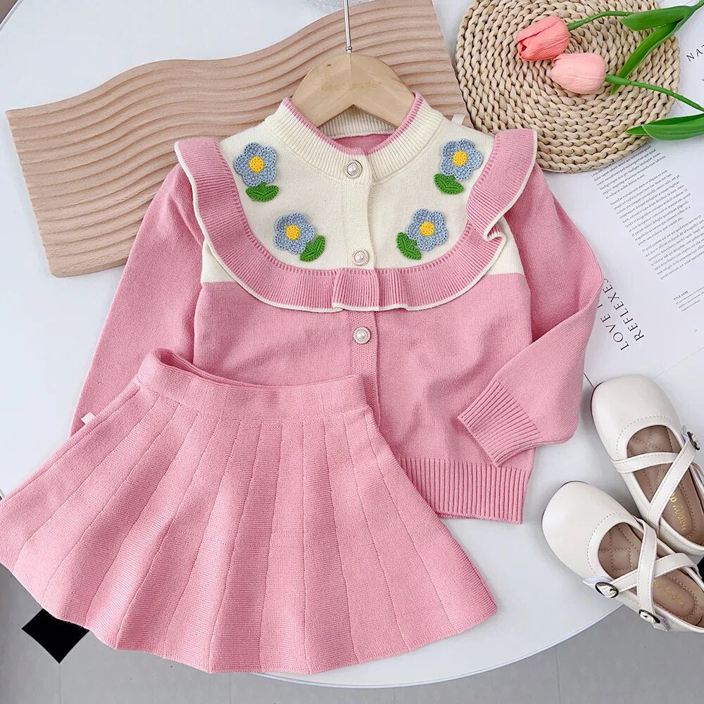 Girls Sweater Set Autumn Long Sleeve Knit Set New Girls V-Neck Little Bear Printed Knit Top+Pleated Skirt Two Piece Set AM2638I