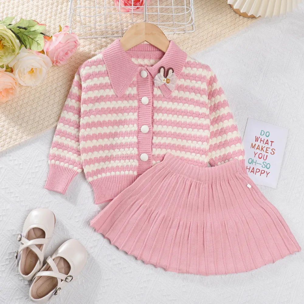 Girls Sweater Set Autumn Long Sleeve Knit Set New Girls V-Neck Little Bear Printed Knit Top+Pleated Skirt Two Piece Set AM2597I