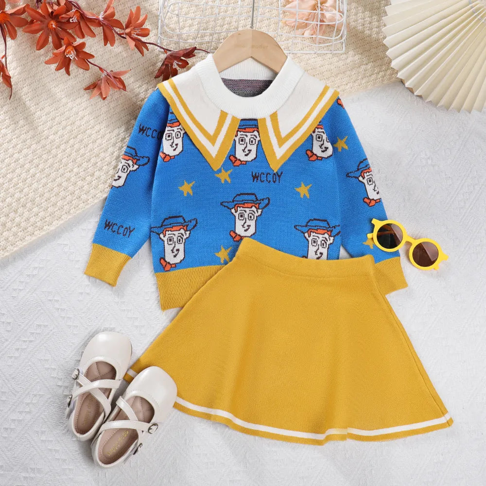 Girls Sweater Set Autumn Long Sleeve Knit Set New Girls V-Neck Little Bear Printed Knit Top+Pleated Skirt Two Piece Set AM2588B