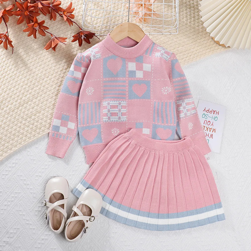 Girls Sweater Set Autumn Long Sleeve Knit Set New Girls V-Neck Little Bear Printed Knit Top+Pleated Skirt Two Piece Set AM2595I