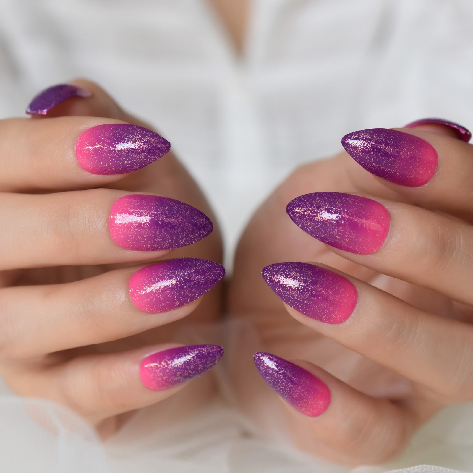 Glossy Gradient Rainbow Ombre French Press on Nails Almond Fake Nails Stiletto Oval Pointed Manicure False Nails Finger Tips L6238