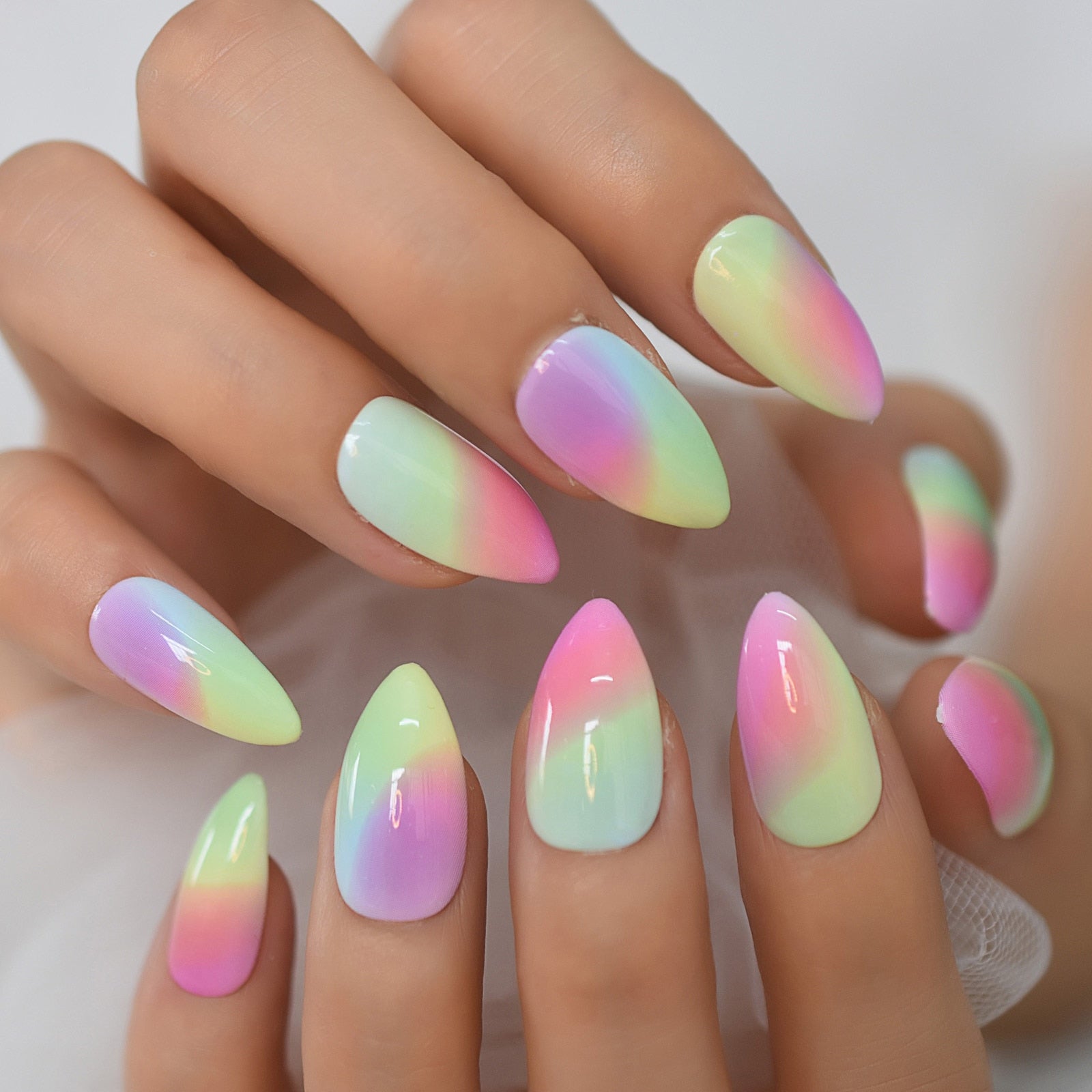 Glossy Gradient Rainbow Ombre French Press on Nails Almond Fake Nails Stiletto Oval Pointed Manicure False Nails Finger Tips AMAIO