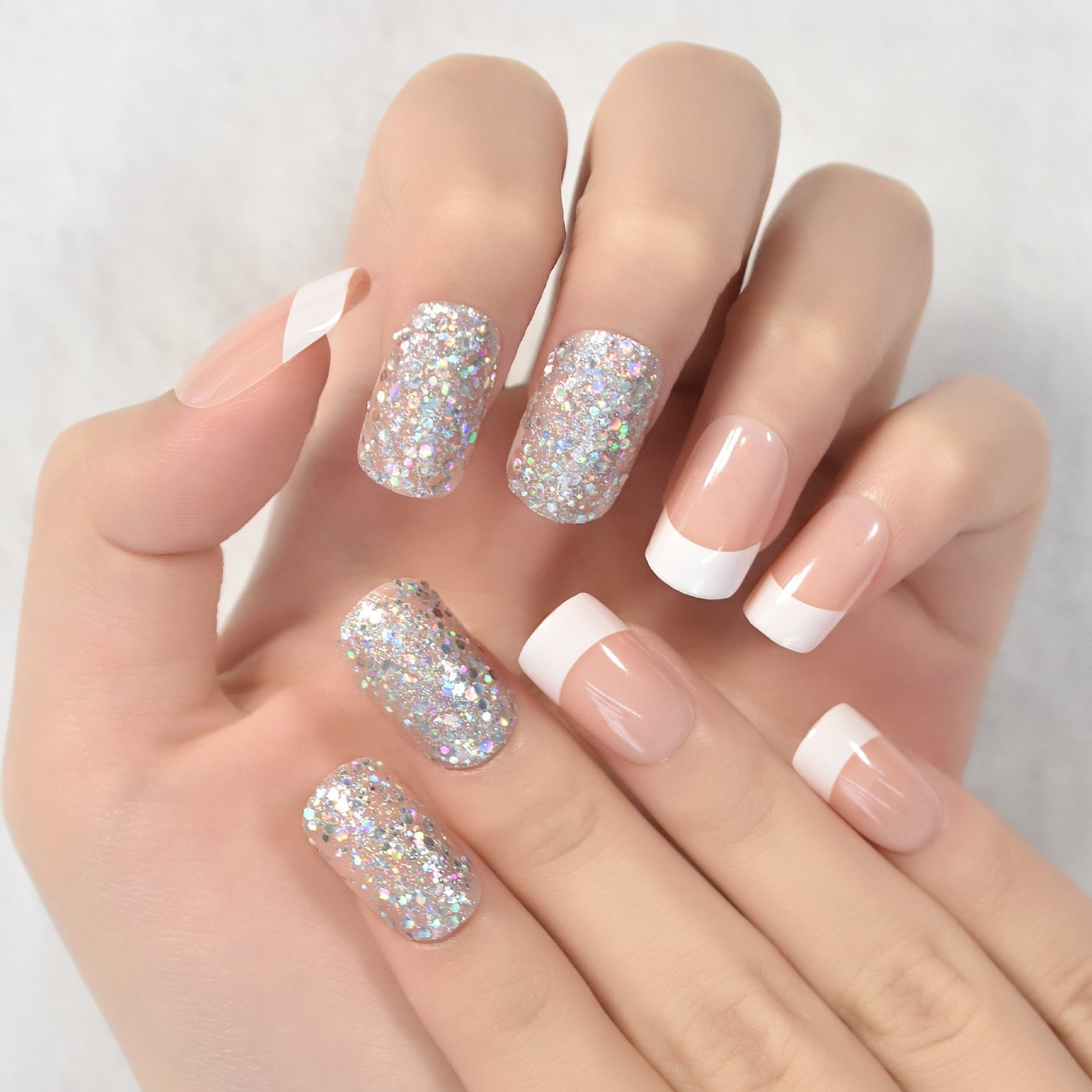 Glossy Gradient Rainbow Ombre French Press on Nails Almond Fake Nails Stiletto Oval Pointed Manicure False Nails Finger Tips L6400