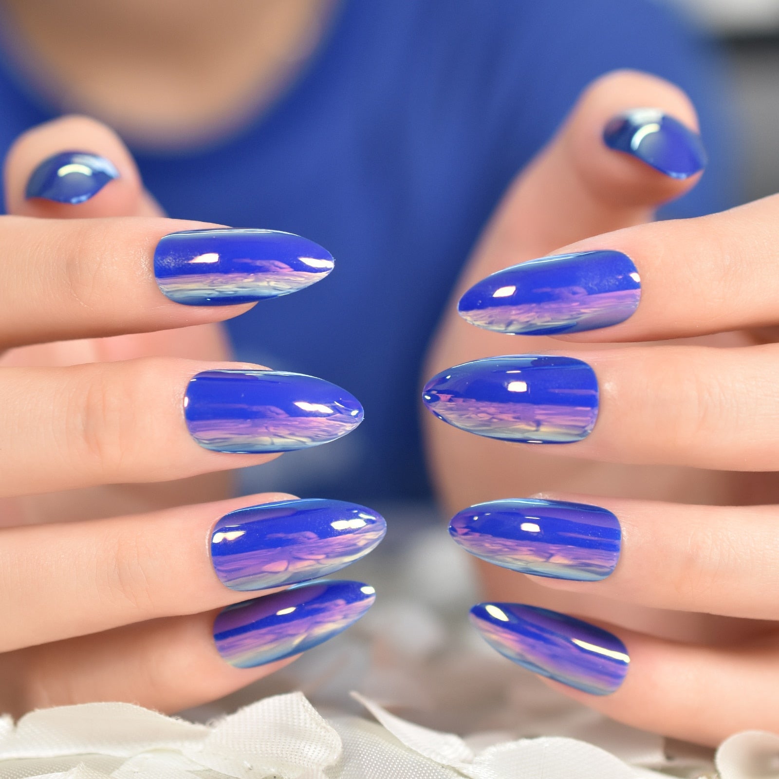 Glossy Gradient Rainbow Ombre French Press on Nails Almond Fake Nails Stiletto Oval Pointed Manicure False Nails Finger Tips L6409