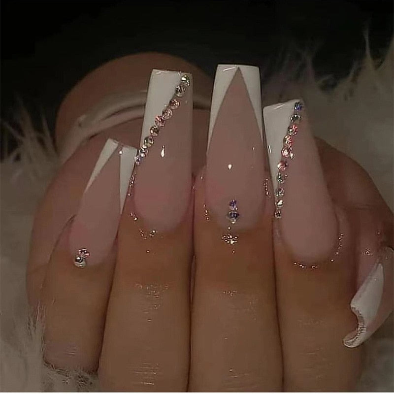 Glossy Pink Wearable Nail Art Blue Rhinestone Extra Long Ballet Detachable Finished False Nails Press on Nails with Glue MT794CBLCY101