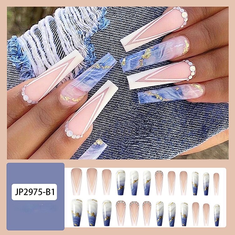 Glossy Pink Wearable Nail Art Blue Rhinestone Extra Long Ballet Detachable Finished False Nails Press on Nails with Glue MT582JP2975B1