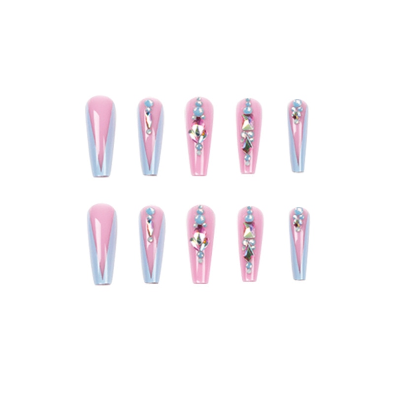Glossy Pink Wearable Nail Art Blue Rhinestone Extra Long Ballet Detachable Finished False Nails Press on Nails with Glue
