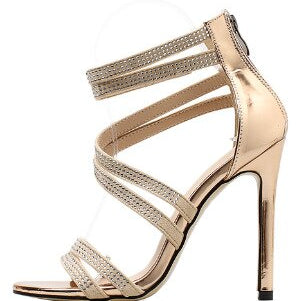 Gold Crystal Sandals Thin Strap Gladiator Sandals Stiletto Wedding Heels Rhinestone Cage Sandals gold