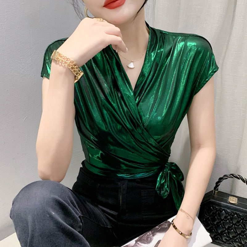 Gold Silver Green Shinny Sleeveless T Shirt Women Sexy Streetwear Sexy Irregular Short Wrap T-shirt Female Summer Green