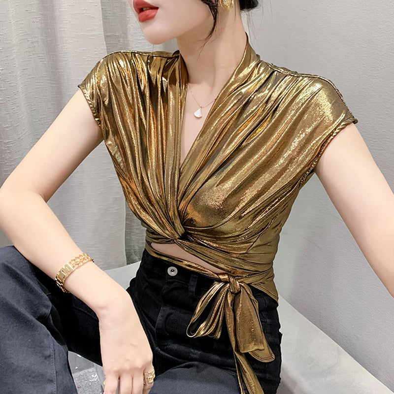 Gold Silver Green Shinny Sleeveless T Shirt Women Sexy Streetwear Sexy Irregular Short Wrap T-shirt Female Summer Gold