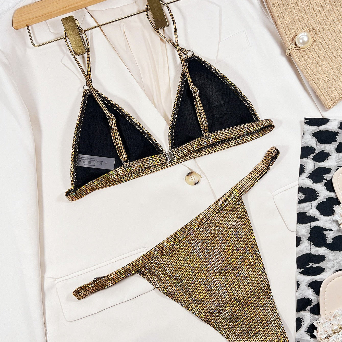 Gold glitter swimsuit - shiny two piece bikini sexy V-neck suspender swimwear high waist ackless bathing suit XMC185W