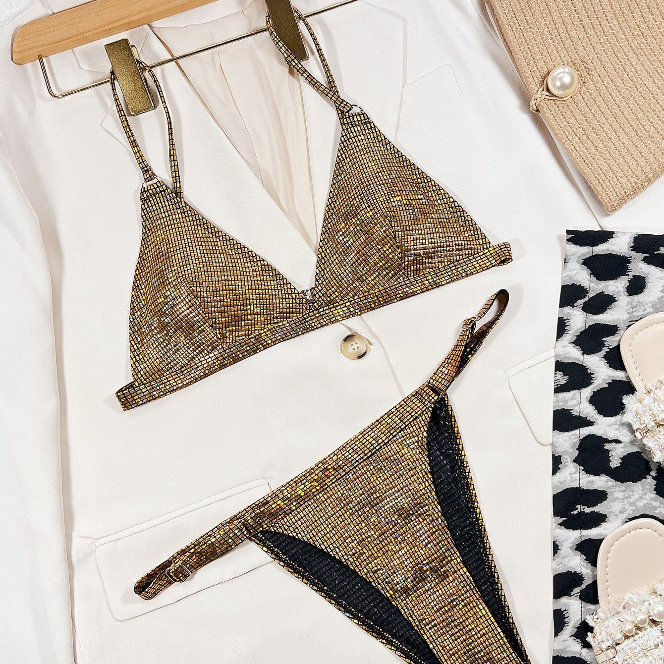 Gold glitter swimsuit - shiny two piece bikini sexy V-neck suspender swimwear high waist ackless bathing suit XMC185W