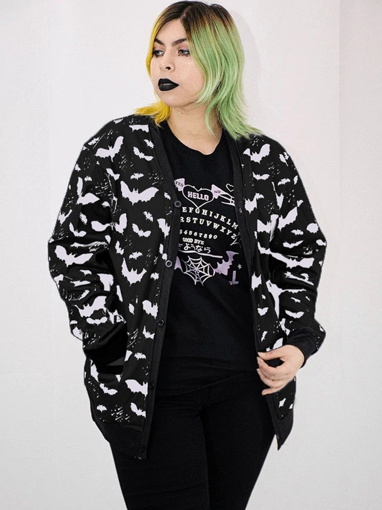 Gothic Black Bat Print Ladies Jacket Fall Loose Casual Zip-Up Top Y2K Party Fashion Top