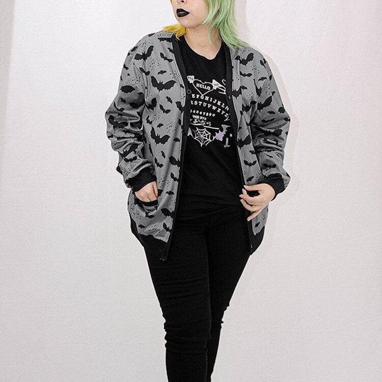Gothic Black Bat Print Ladies Jacket Fall Loose Casual Zip-Up Top Y2K Party Fashion Top