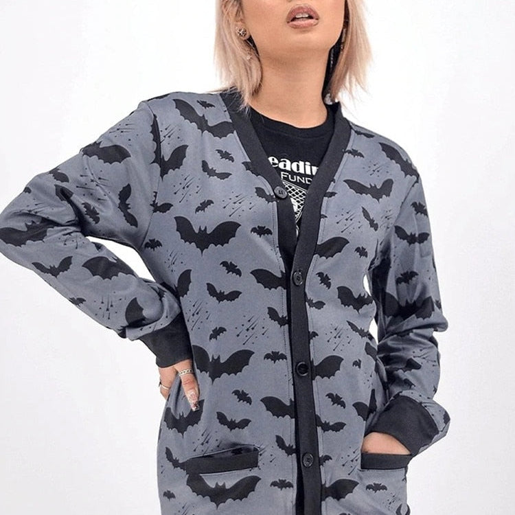 Gothic Black Bat Print Ladies Jacket Fall Loose Casual Zip-Up Top Y2K Party Fashion Top Gray