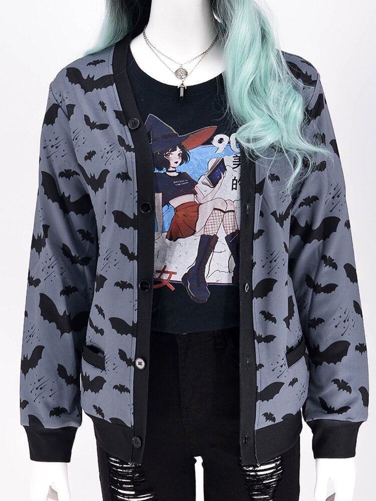 Gothic Black Bat Print Ladies Jacket Fall Loose Casual Zip-Up Top Y2K Party Fashion Top
