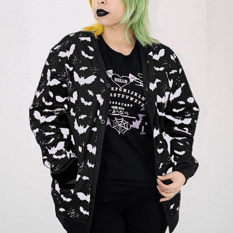 Gothic Black Bat Print Ladies Jacket Fall Loose Casual Zip-Up Top Y2K Party Fashion Top