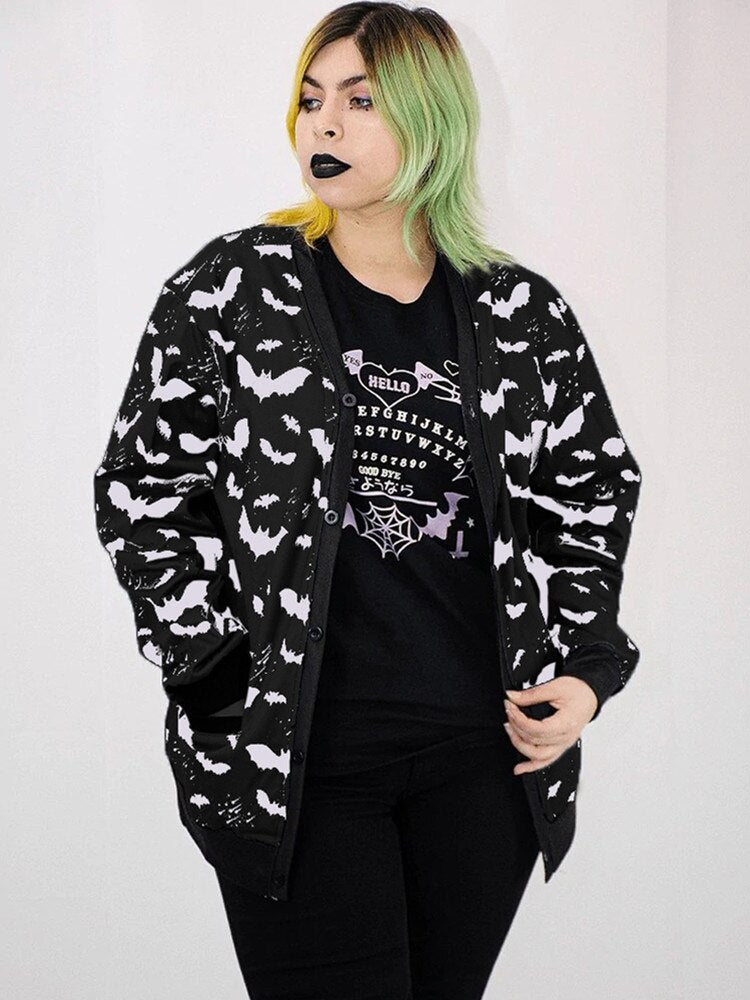 Gothic Black Bat Print Ladies Jacket Fall Loose Casual Zip-Up Top Y2K Party Fashion Top