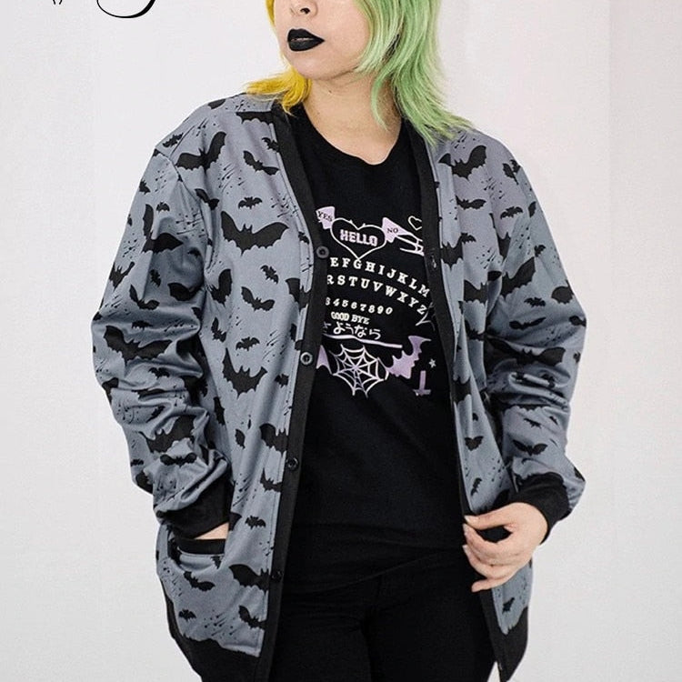 Gothic Black Bat Print Ladies Jacket Fall Loose Casual Zip-Up Top Y2K Party Fashion Top AMAIO