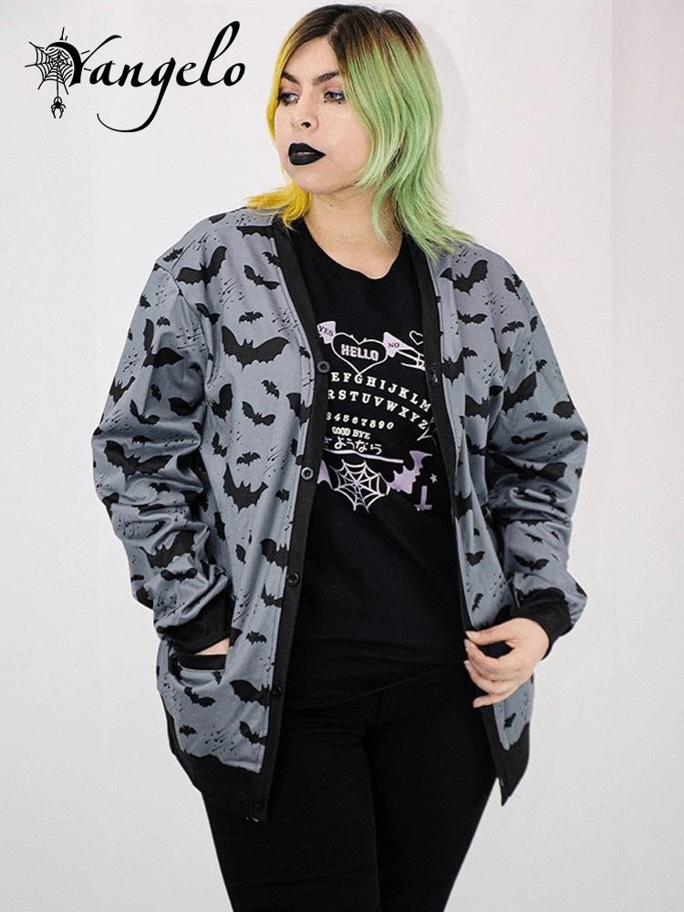 Gothic Black Bat Print Ladies Jacket Fall Loose Casual Zip-Up Top Y2K Party Fashion Top