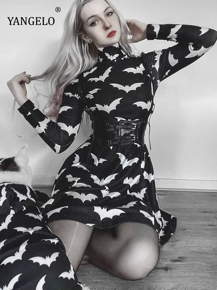 Gothic Black Bat Printed Dress Tutleneck for Women Long Sleeve Spring Fall Punk Vestidos Party Outfits Soft Clothes Black