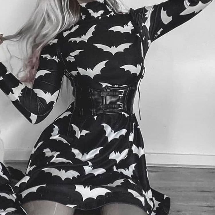 Gothic Black Bat Printed Dress Tutleneck for Women Long Sleeve Spring Fall Punk Vestidos Party Outfits Soft Clothes AMAIO