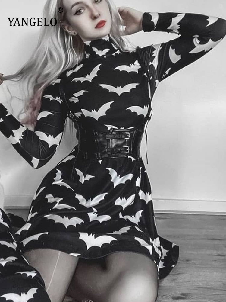 Gothic Black Bat Printed Dress Tutleneck for Women Long Sleeve Spring Fall Punk Vestidos Party Outfits Soft Clothes AMAIO