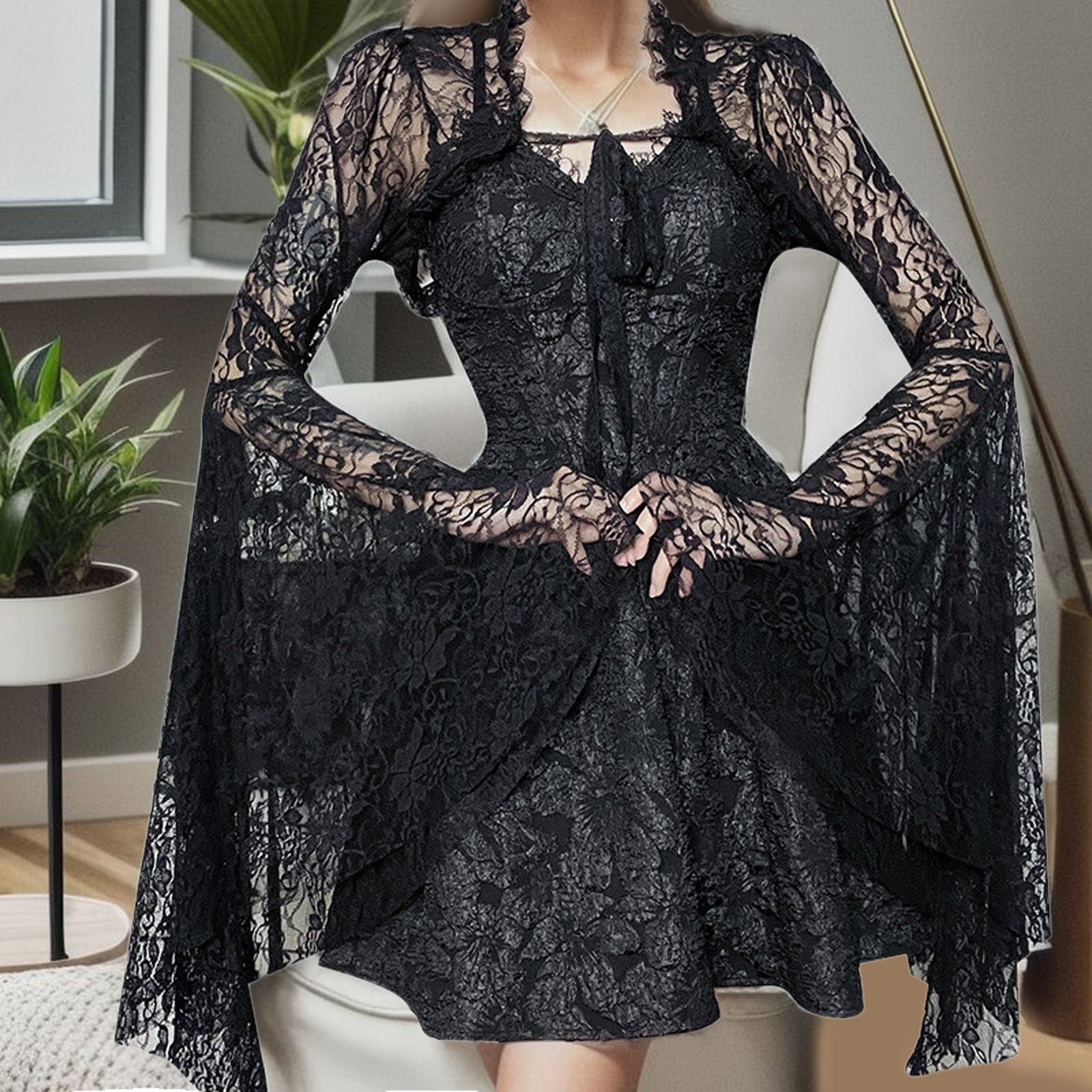 Gothic Black Lace Cardigan Women Halloween Mesh Flare Sleeve See Through Sexy Smock Top Elegant Aesthetic Cropped Tops Y2K Black