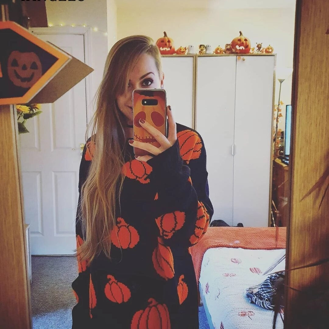 Gothic Pumpkin Pattern Sweater Grunge Aesthetic Women Knit Top Halloween Party Loose Long Sleeves Warm Girl Pullover Steampunk