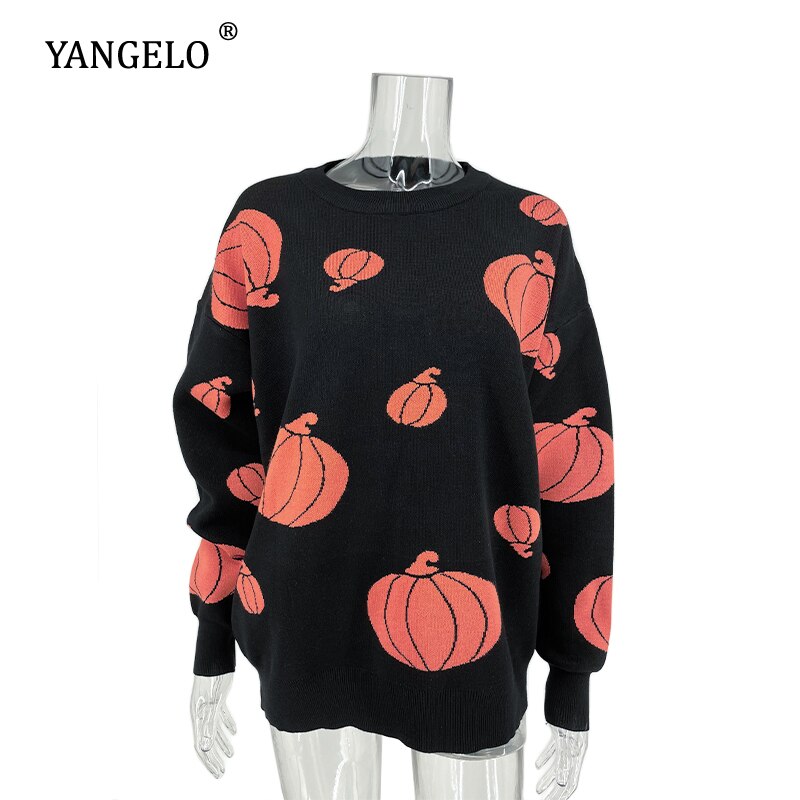 Gothic Pumpkin Pattern Sweater Grunge Aesthetic Women Knit Top Halloween Party Loose Long Sleeves Warm Girl Pullover Steampunk Black One Size