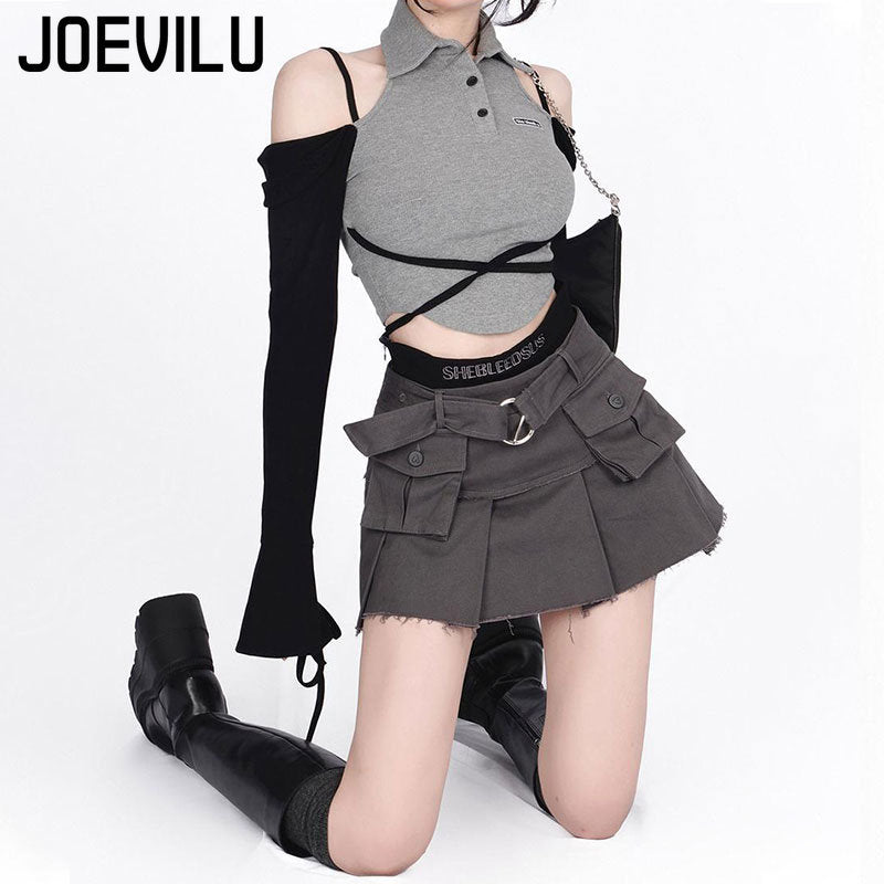 Gothic Skirt Set Polo Neck Waist Strap Off Shoulder Long Sleeve T-Shirt Pleated Denim Skirt 2 Piece Sets Women Outfits Y2k Suit