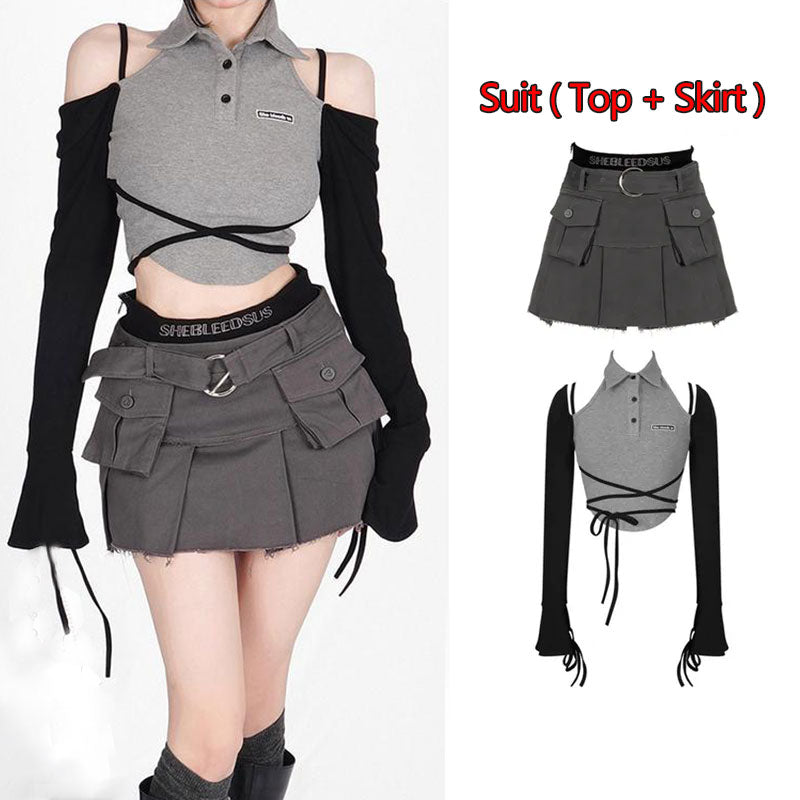 Gothic Skirt Set Polo Neck Waist Strap Off Shoulder Long Sleeve T-Shirt Pleated Denim Skirt 2 Piece Sets Women Outfits Y2k Suit Suit(Top Skirt)