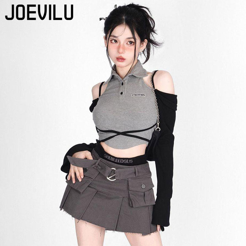 Gothic Skirt Set Polo Neck Waist Strap Off Shoulder Long Sleeve T-Shirt Pleated Denim Skirt 2 Piece Sets Women Outfits Y2k Suit AMAIO