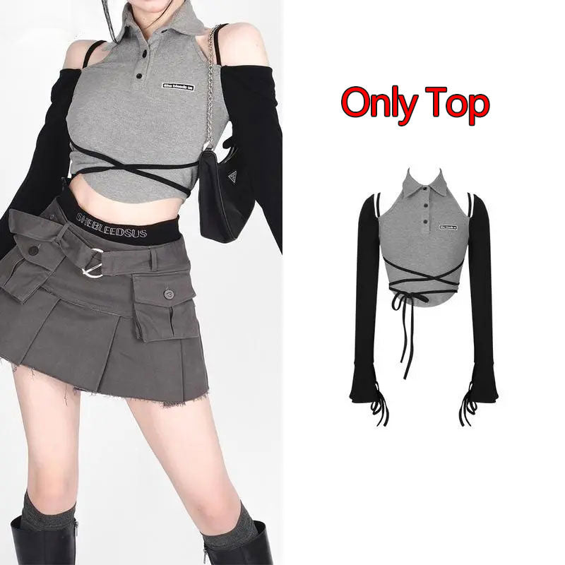 Gothic Skirt Set Polo Neck Waist Strap Off Shoulder Long Sleeve T-Shirt Pleated Denim Skirt 2 Piece Sets Women Outfits Y2k Suit Only Top
