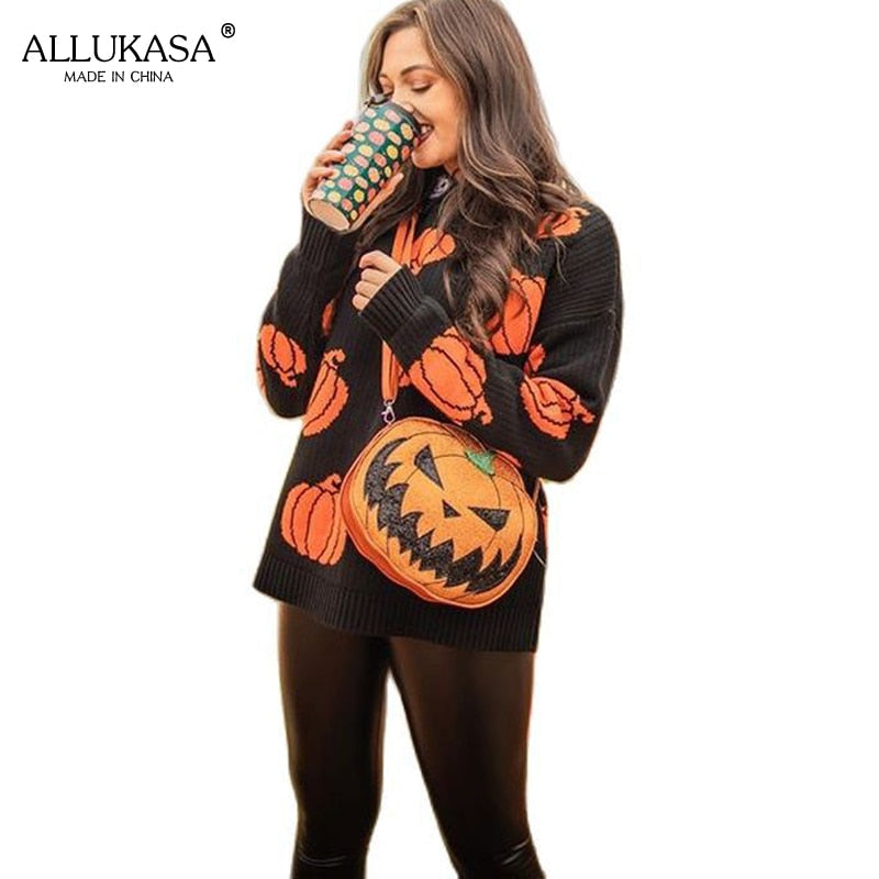 Gothic black pumpkin cartoon print ladies sweater autumn O-neck long-sleeved loose women's pullover loose Halloween party top