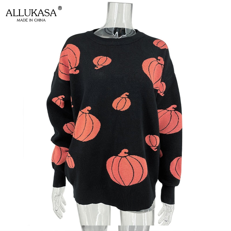 Gothic black pumpkin cartoon print ladies sweater autumn O-neck long-sleeved loose women's pullover loose Halloween party top